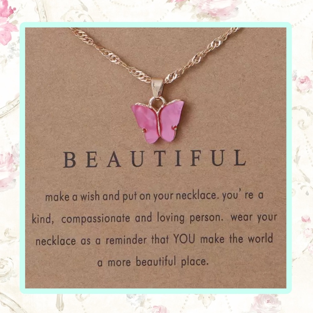 🌸 BUTTERFLY NECKLACE BOHO CHIC GIFT PINK PRESENT FAIRY GOLD CARD LOVE QUARTZ